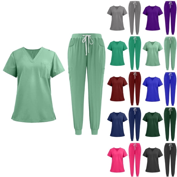 Minjewel Women's V-Neck Short Sleeve Two-Piece Scrubs for Women Set with Pockets, Soft & Breathable Scrub Set for Female Caregivers,Black L