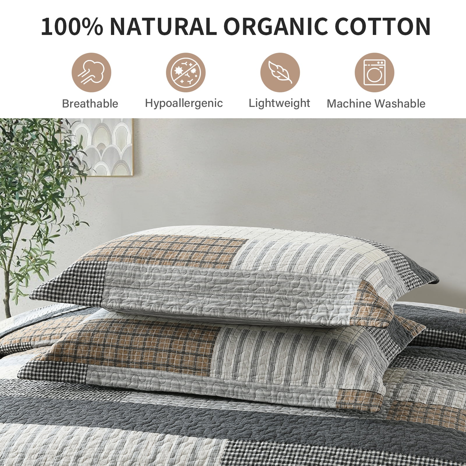 DDUOXIN Farmhouse Cotton Quilt for King Bed - 100% Cotton Gray Brown Patchwork Plaid Striped King Size Quilt Bedspread, Neutral Lightweight Reversible All Season Coverlet/Comforter Set, 3 Piece