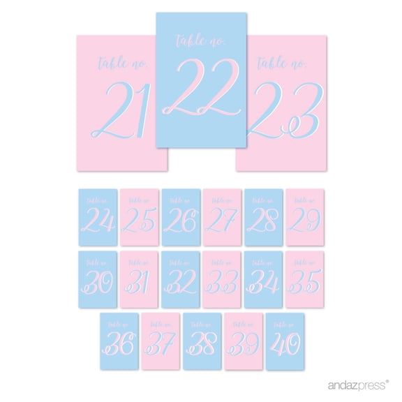 Signature Pink and Blue Gender Reveal Baby Shower, Table Numbers 21-40, 4x6-inch