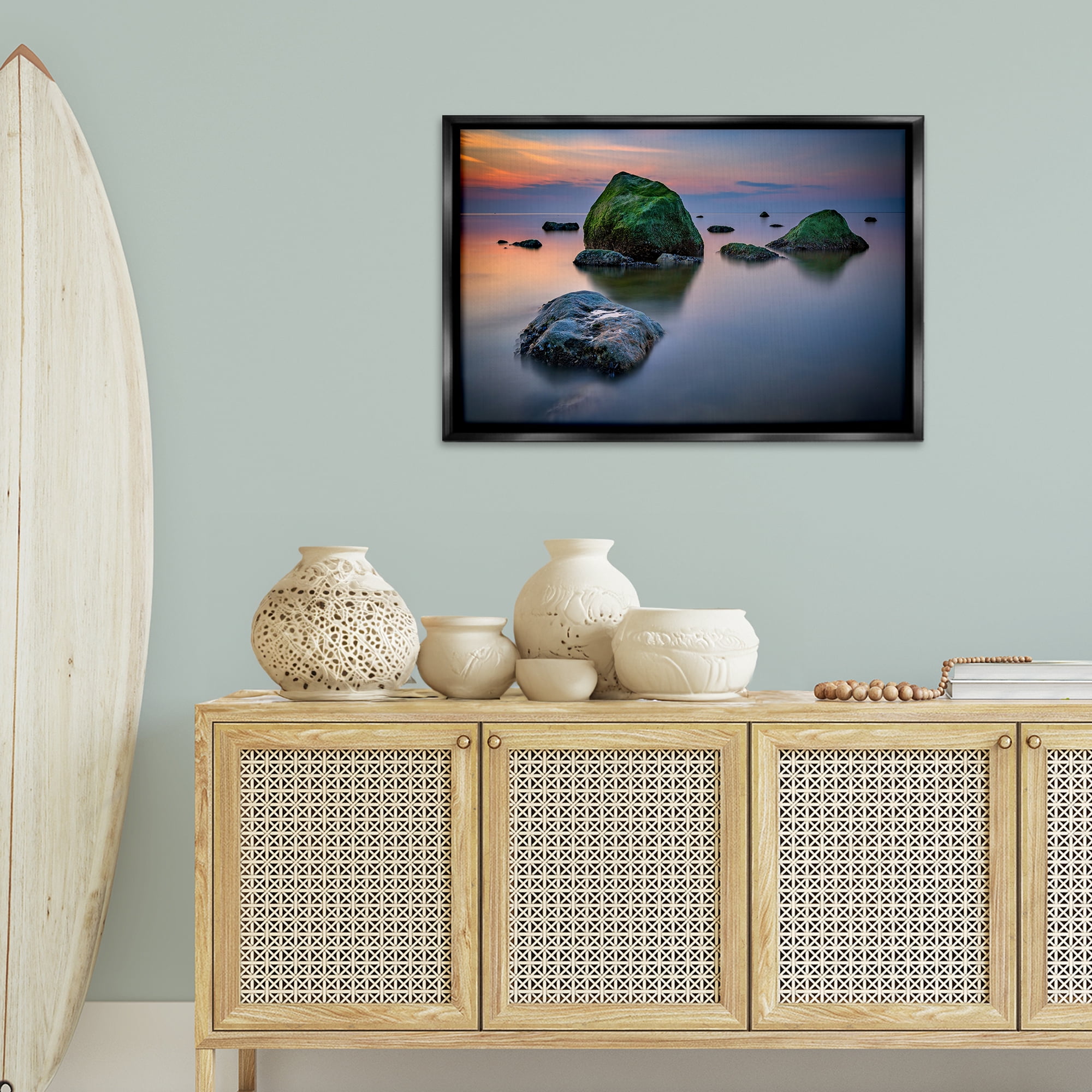 Stupell Industries Mossy Rocks Protruding Sea Landscape & Nature Photography Black Floater Framed Canvas Art Print Wall Art, 31 x 21