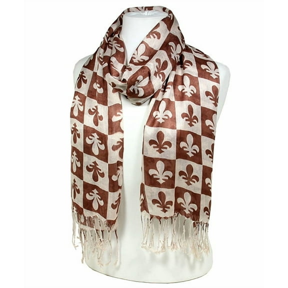 Scarf - Fleur De Lis In Checkers Print - Brown Color (S1072) - SF-SHL1606BN