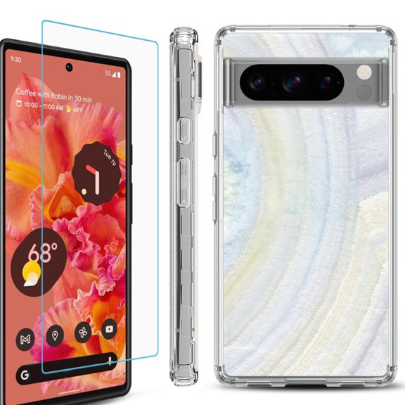 OneToughShield ® Compatible with Google Pixel 8 Pro, Shockproof Phone Case, with Tempered Glass Screen Protector - Marble / Rainbow