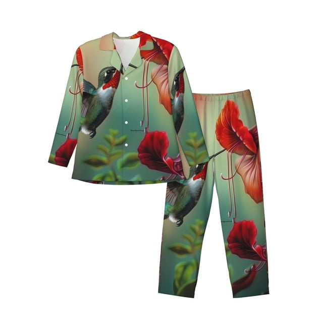 Fotbe Hummingbird Floral Paradise Pijama de Hombre con Estampado de Manga Larga, Conjunto de 2 Piezas, Ropa de Dormir Suave y Cómoda con Bolsillos-Large