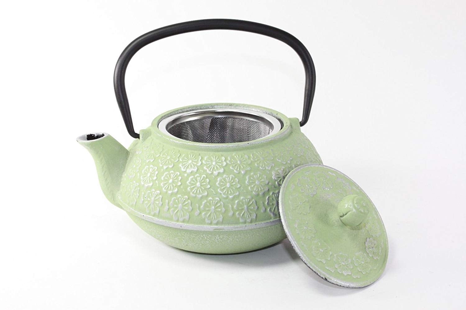 Japanese Antique 24 Fl Oz Green Primula Primrose Flower Cast Iron Teapot Tetsubin with Infuser Tea Set with Trivet EHD