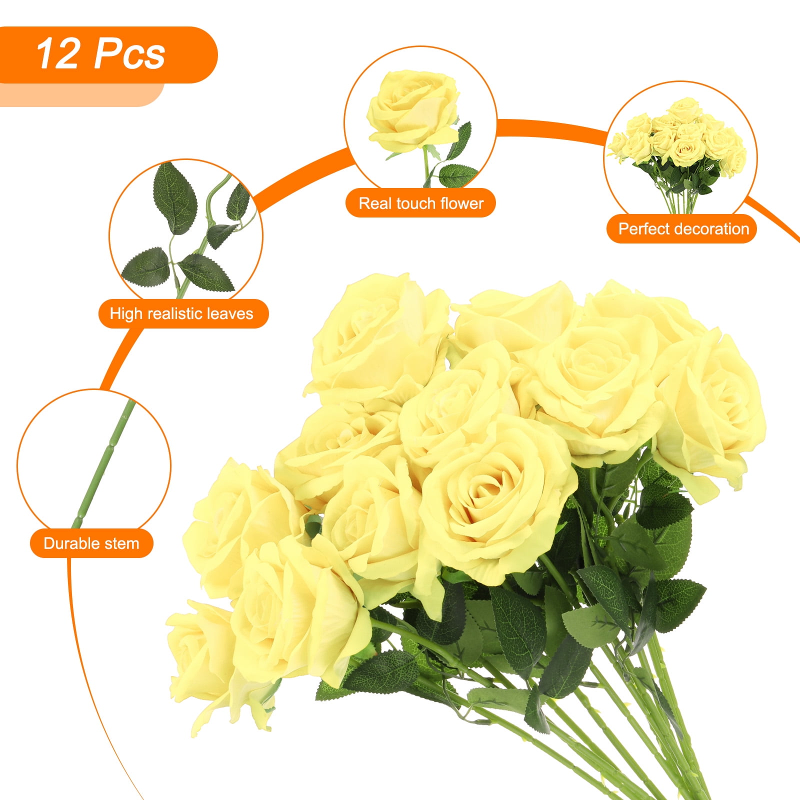 Uxcell 12 Pcs Pale Yellow Roses Artificial Flowers, Velvet Rose Real Touch Fake Roses with Stems