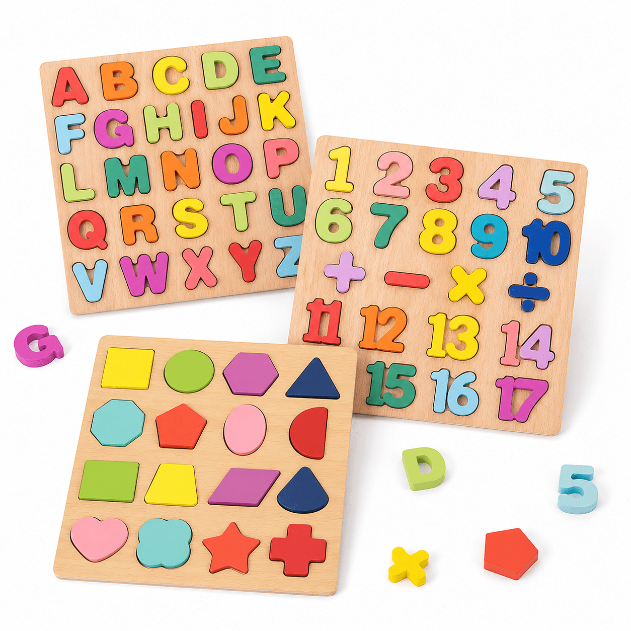 Wooden Abc Puzzle for Toddlers Wooden Alphabet Number Shape Puzzles Toddler Learning Puzzle Toys for Kids 3 in 1 Puzzle for Toddlers Age 3+ (Set of 3)