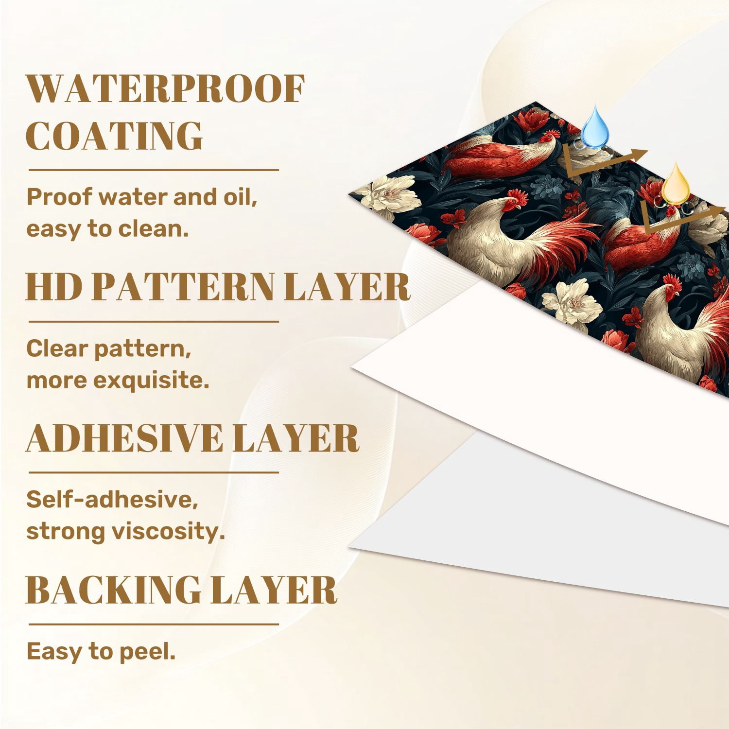 Chicken Peel and Stick Wallpaper Vintage Roosters Floral Garden Wall Mural 17.7in x 9.8ft Self Adhesive Removable Wall Paper Renter Friendly Wallpaper for Nursery Bedroom Cabinets