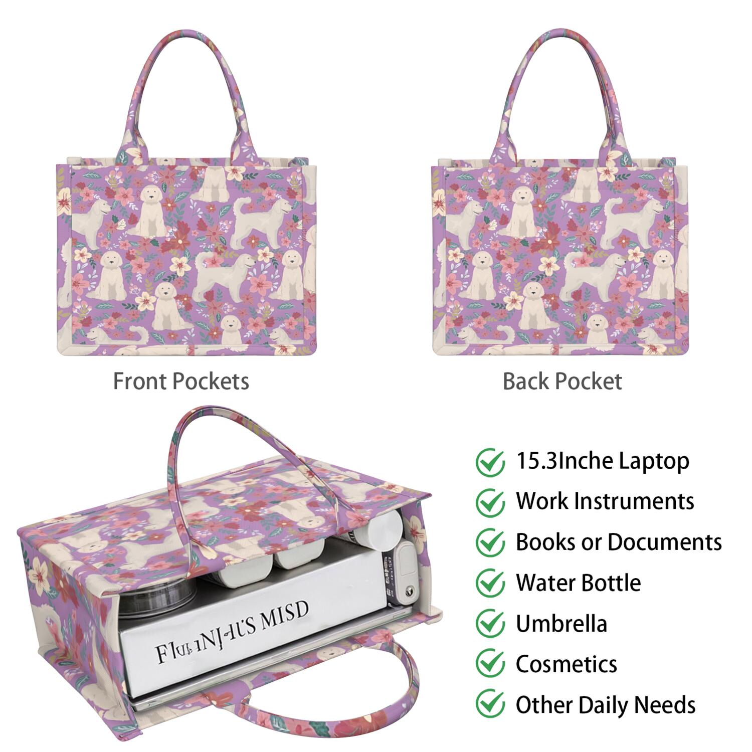 Large Capacity Tote Bag,Goldendoodle Dog and Flower Floral Handbag Fashion Luxury Tote Bag,15.7"x13"x 5.1" Inches,Laptop Compatible