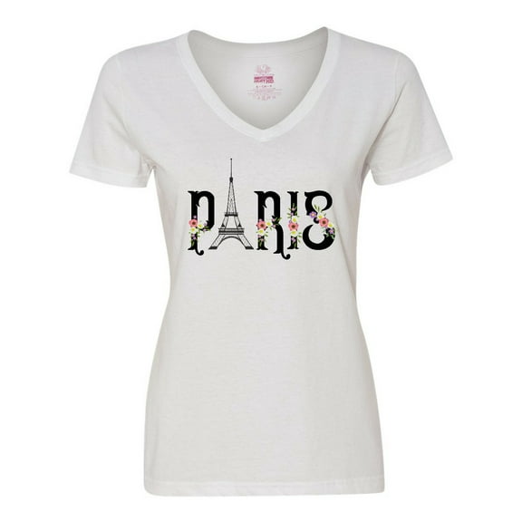 Inktastic Paris Eiffel Tower with Flowers Women's V-Neck T-Shirt