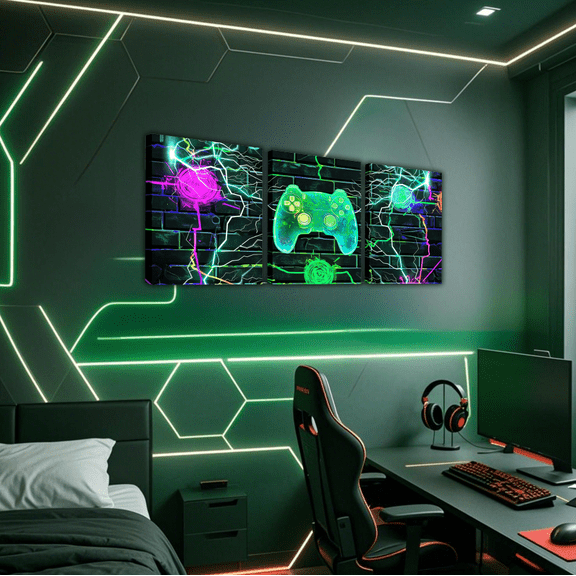 Erosebridal Video Game Theme Canvas Wall Art Set of 3 Teens Room, Gamer Gaming Wall Decor for Kitchen, Green