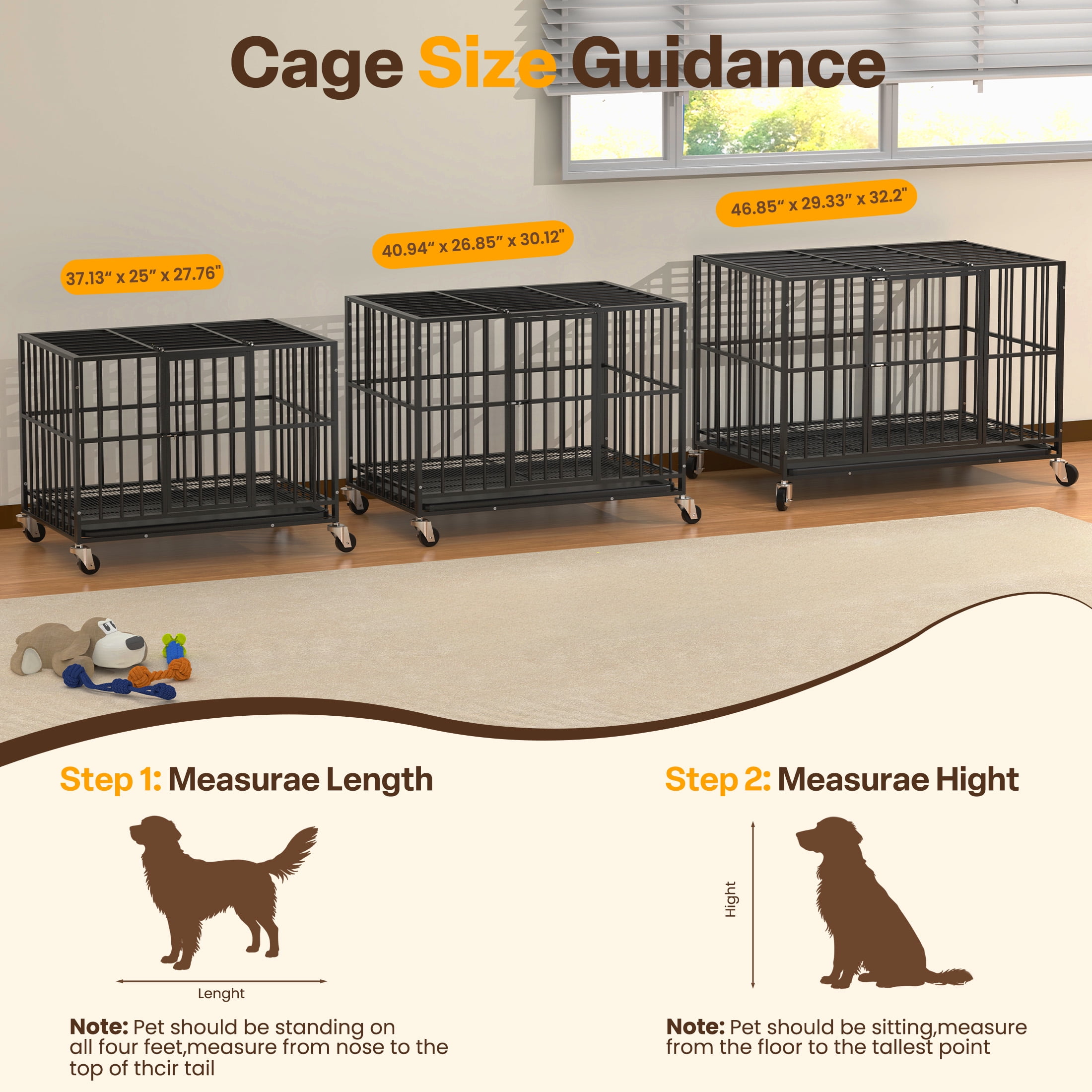 TIME RAY 48 Inch Heavy Duty Dog Crate Cage for Large Dog with Steel Escape Proof, Indoor & Outdoor Double Doors,Lockable Wheels and Removable Tray,Black