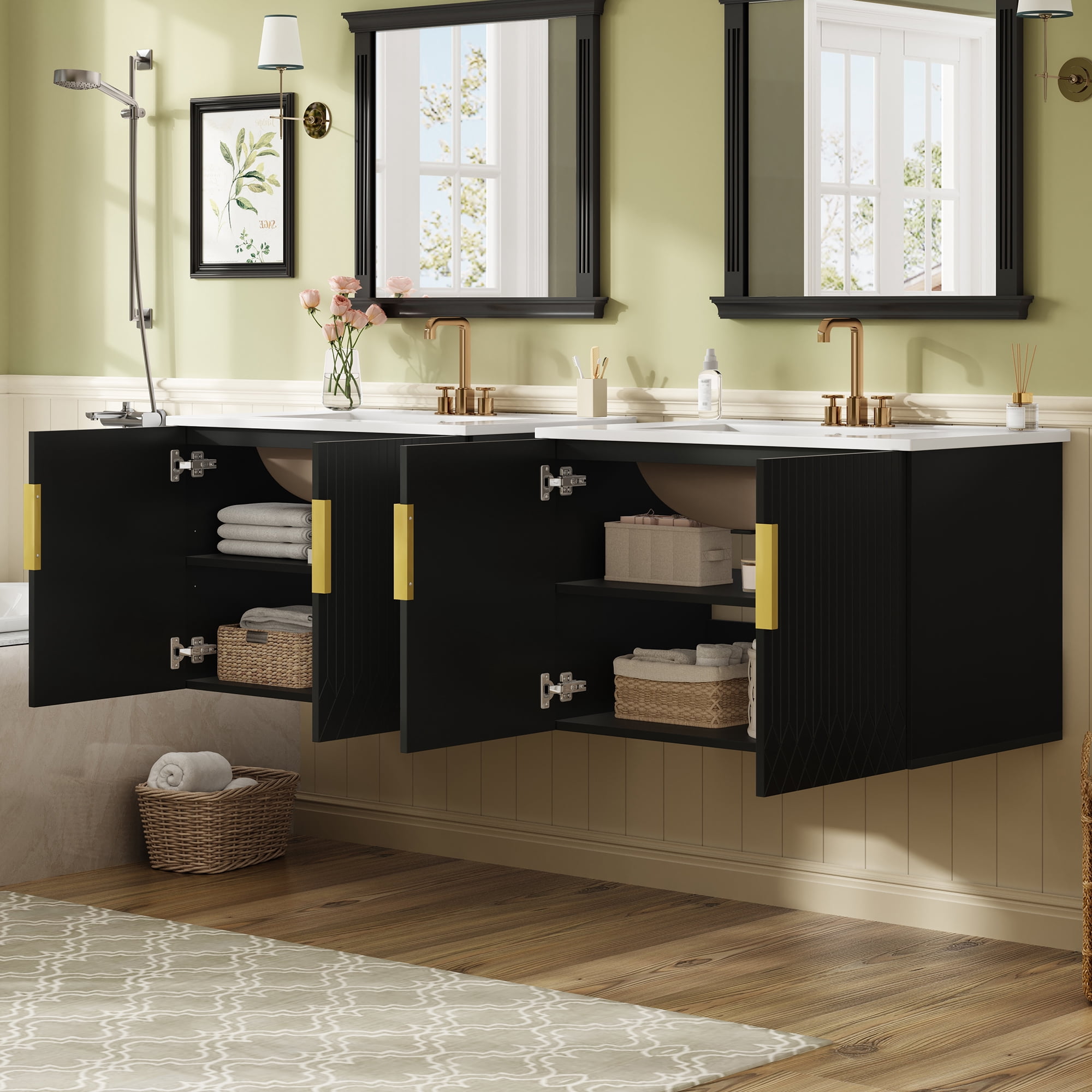 Euroco 60" Vintage Bathroom Vanity with Ceramic Sink, with 3 Holes Single Ceramic Sink, Bathroom Storage Vanity Cabinet with 2 Soft Closing Doors