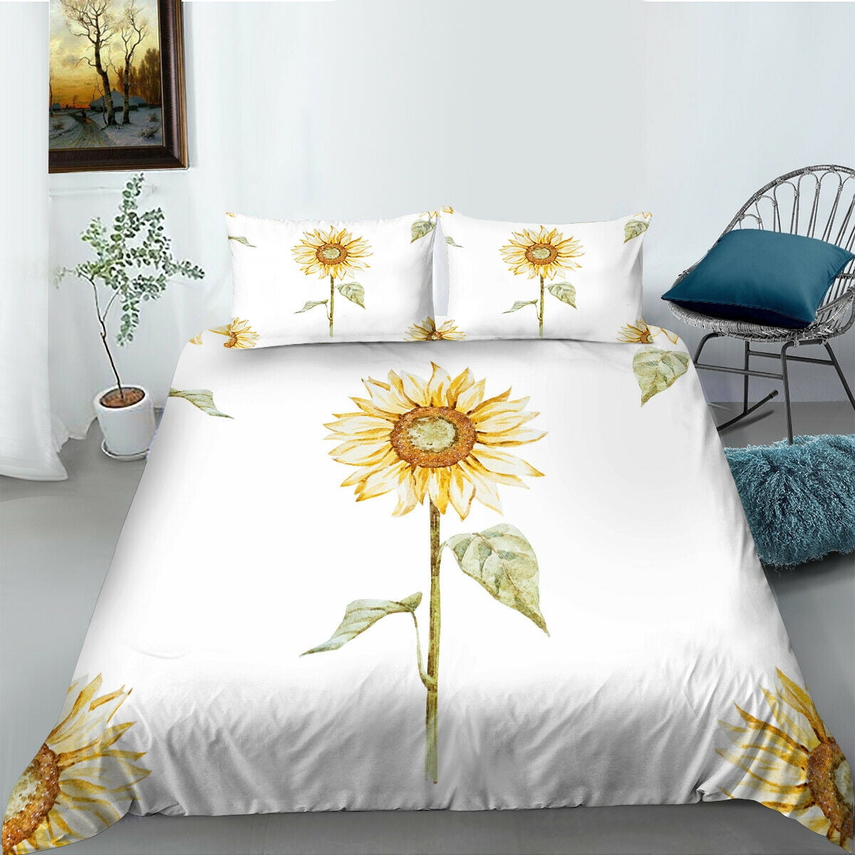 Bedding Suit Modern Home Bed Set White Background Luxury 3D Sunflower ...