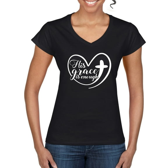 Wild Bobby His Grace Is Enough Heart Inspirational/Christian Women Standard V-Neck Tee, Black, Small