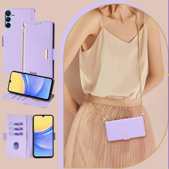 Allytechgroup Premium Wallet Case for Samsung Galaxy S24, Stylish Phone Case with Card Slots and Metal Shoulder Strap Flip Cover Stand RFID Blocking Slim Case for Women Girls, Purple