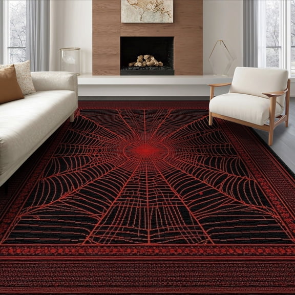 ODIKA 8'x10' Washable Area Rug Durable, Non-Slip Spider Web Design With Bold Radiating Strands And Dark Border for Living Room, Under Sectional, Family