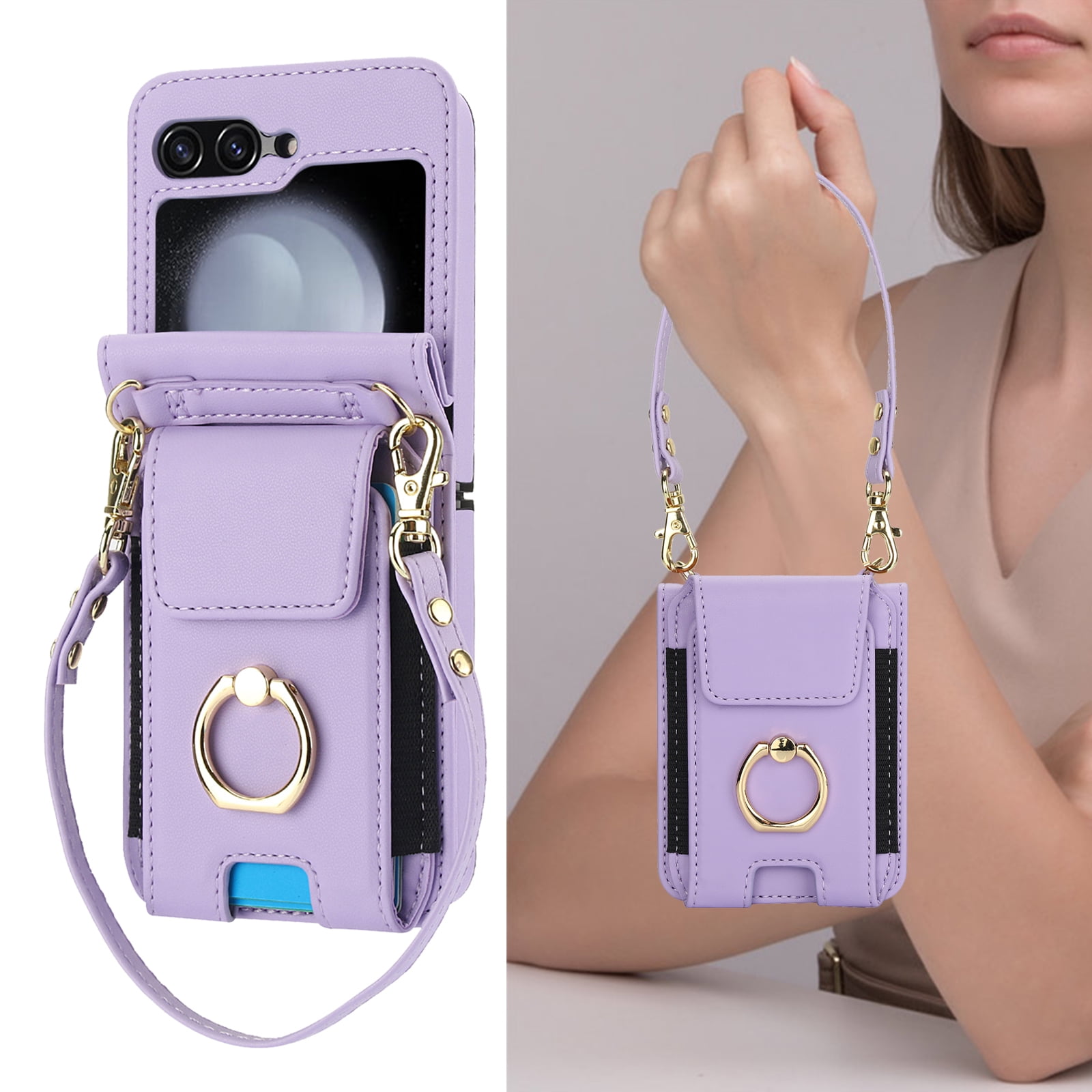 for Motorola Razr 60/Razr 2025 Case, Retro PU Leather Shockproof Protection Phone Case Wallet Built in Credit Card Slots Flip Cover Finger Ring Stand with Long Strap + Short Strap, Purple