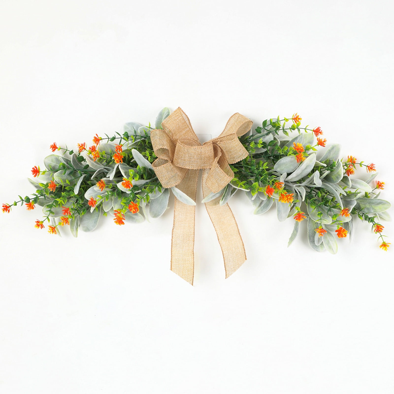 AURIGATE Orange Artificial Flower Door Swag with Burlap Bow 23.62x7.87in Plastic Floral Garland for Home Decor