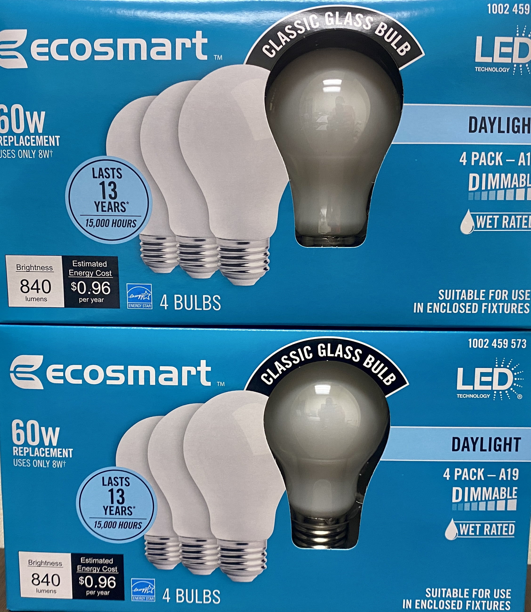 8Pack Ecosmart 60W LED Daylight Dimmable Wet Rated A19 Glass Light Bulbs New