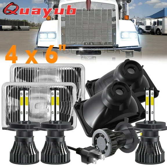 Quayub 4pcs 4x6" LED Headlights Hi/Lo For Kenworth T800 W900 Peterbilt 357 379 378
