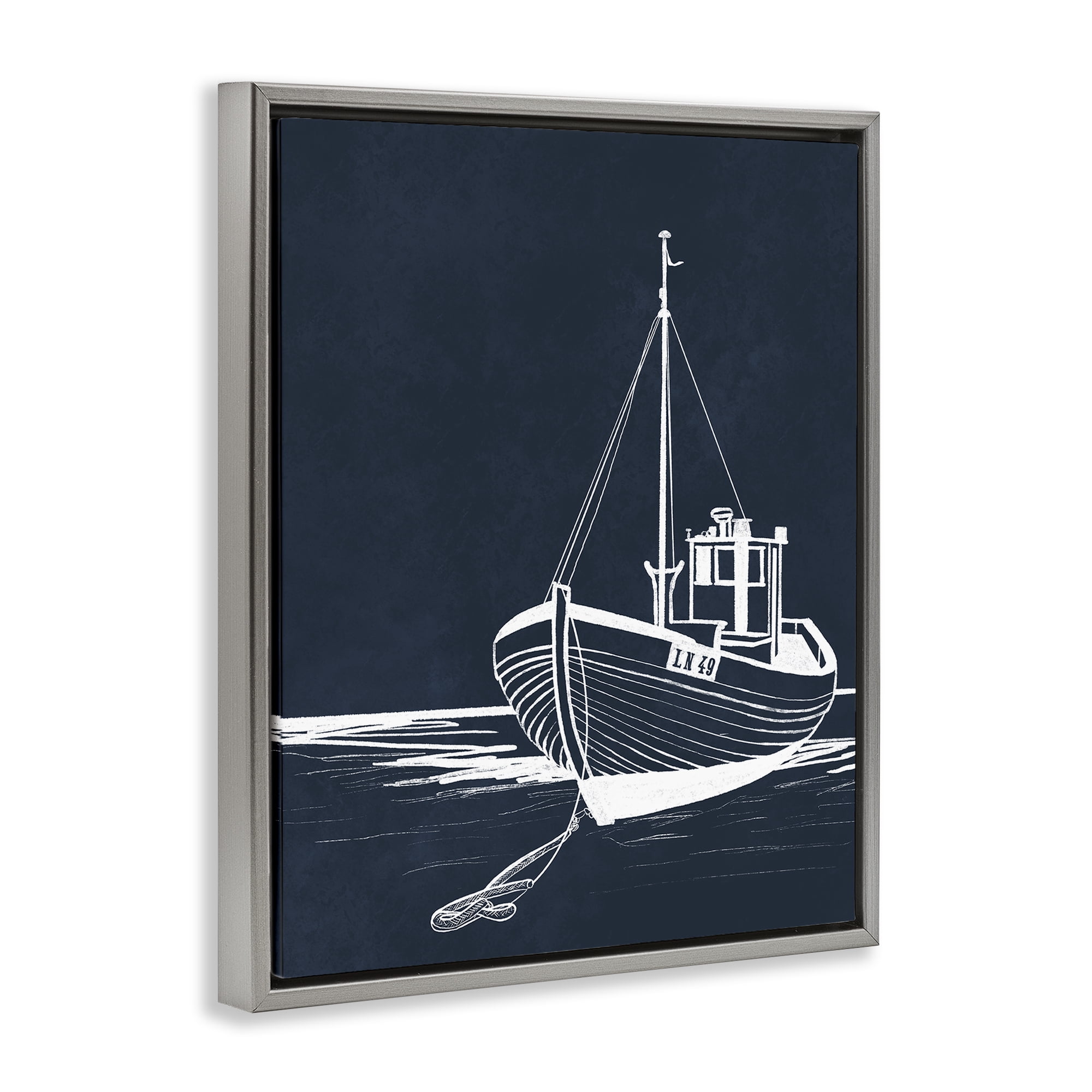 Stupell Industries White Outline Sailboat Transportation Painting Gray Floater Framed Canvas Art Print Wall Art, 17 x 21