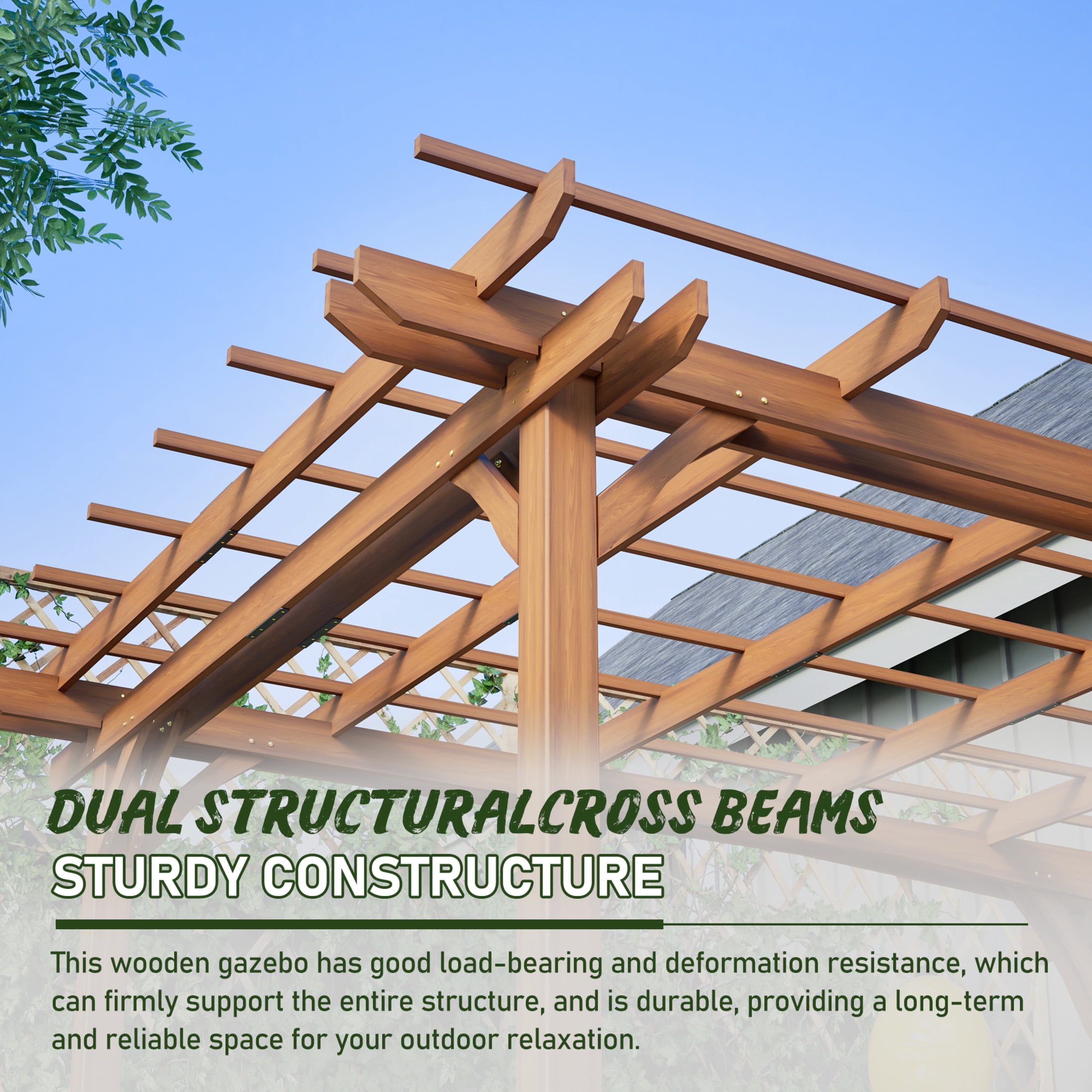 Noble House 12 x 10 FT Outdoor Patio Fir Wood Pergola, Traditional Multi-Layer Roof Trellis for Climbing Plants, Brown
