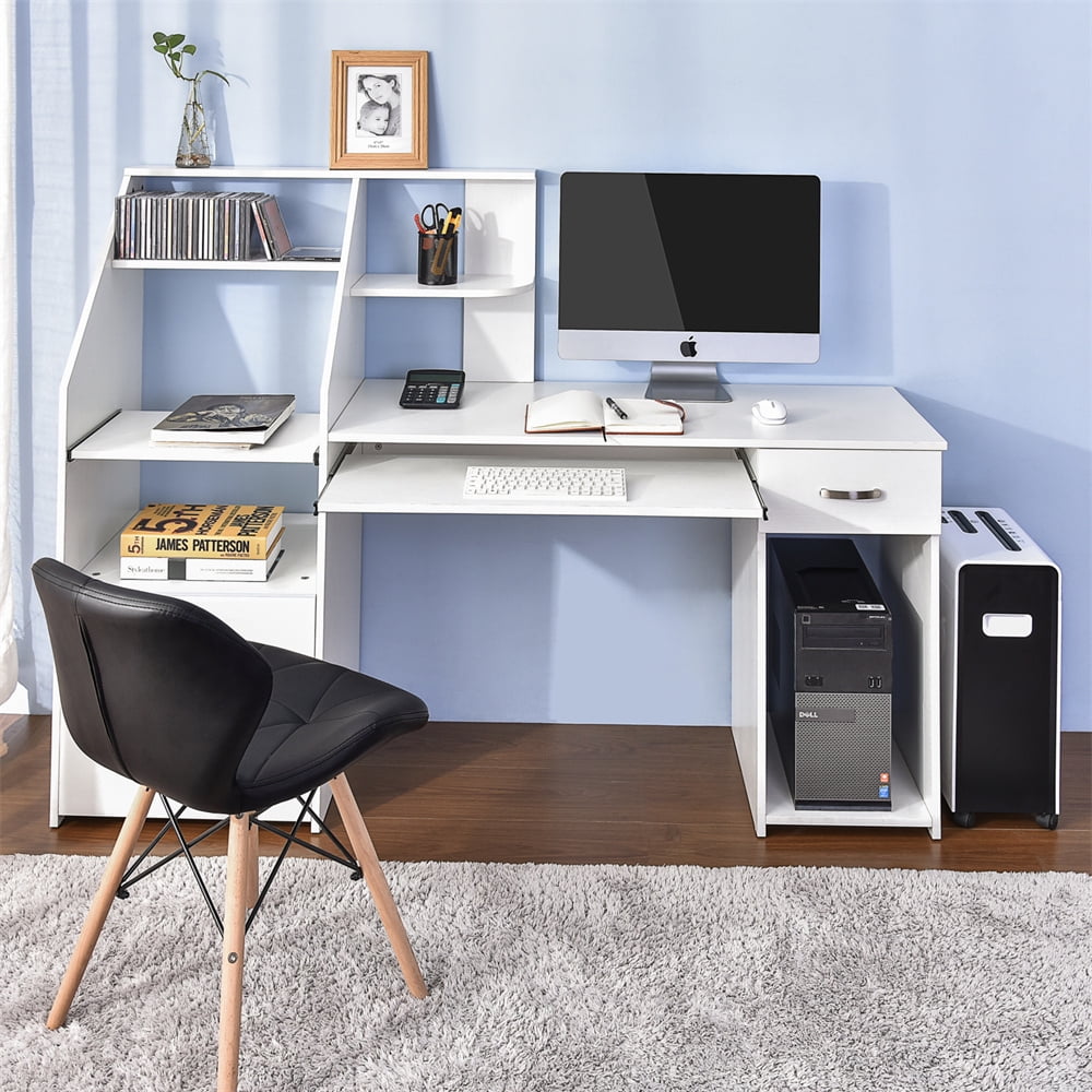 ROLEES White Wood Computer Desk with Sliding Keyboard Tray Home Office Storage Shelves Study Laptop PC Workstation for Small Spaces L90x W40 x H71 cm 