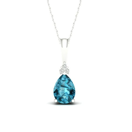 Imperial Gemstone 10K White Gold Pear Cut Swiss Blue Topaz 1/20 CT TW Diamond Halo Pendant Necklace