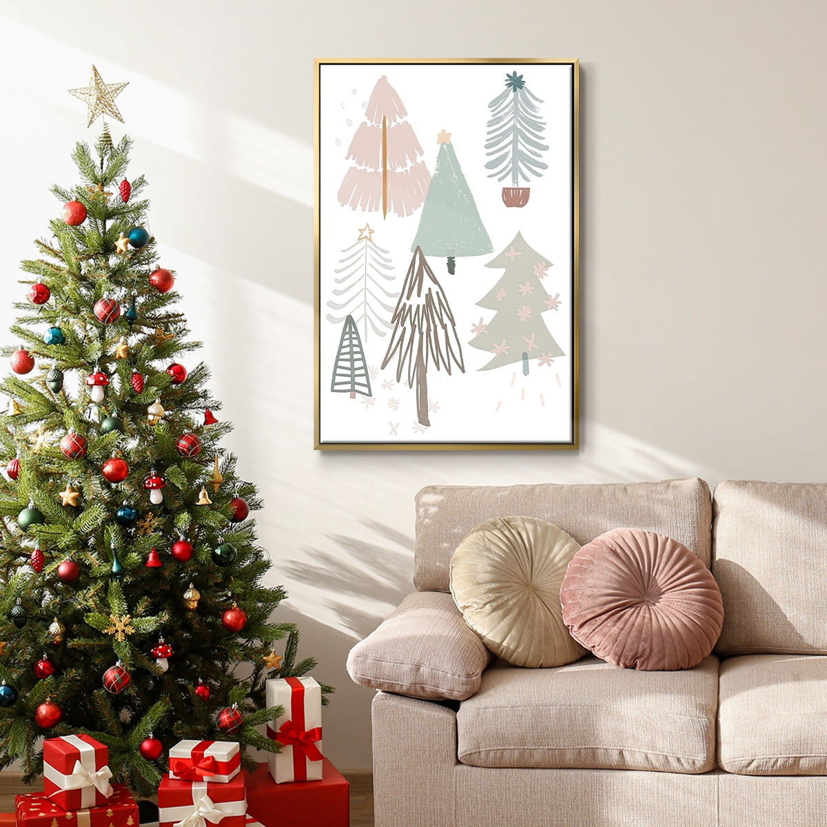 Christmas Tree Sketchbook Collection B - Framed Gallery Wrapped Holiday Canvas - 25 x 37 - Gold Frame