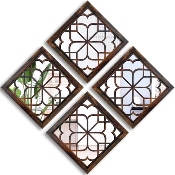 Square Wall Mirror Set of 4 - Rustic Farmhouse Accent Mirrors 12x12 Inch Decorative Wall Mirrors for Bathroom Bedroom Living Room and Entryway