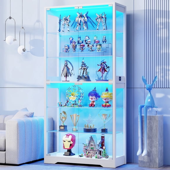 BROTTAR Display Cabinet with Glass Door, 6-Tier 71" Curio Cabinet with 3 Color Lights for Collectibles, Display Case with Adjustable Glass Shelves, Human Body Sensor, Storage Cabinets, White