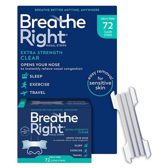 Breathe Right Extra Strength Nasal Strips, For Sensitive Skin, Clear, 72 ct.