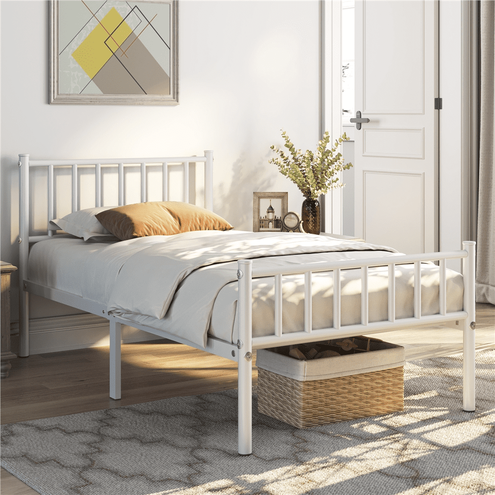 Yaheetech Metal Bed Frame Twin Bed with Spindle Headboard and Footboard,White
