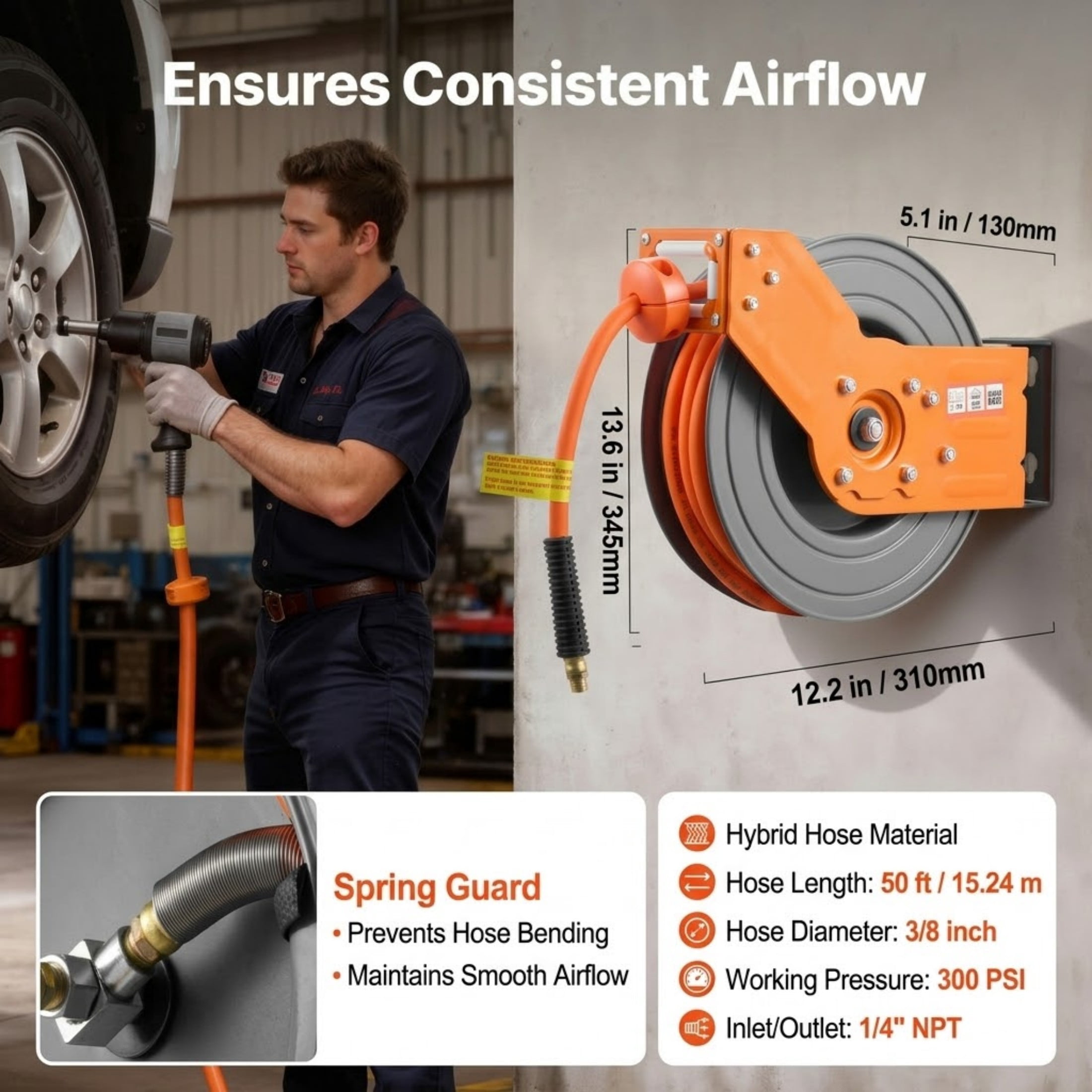 50 ft Retractable Air Hose Reel, 3/8" x 50' Hybrid Air Compressor Hose, 300 PSI Max with 180° Swivel Mount
