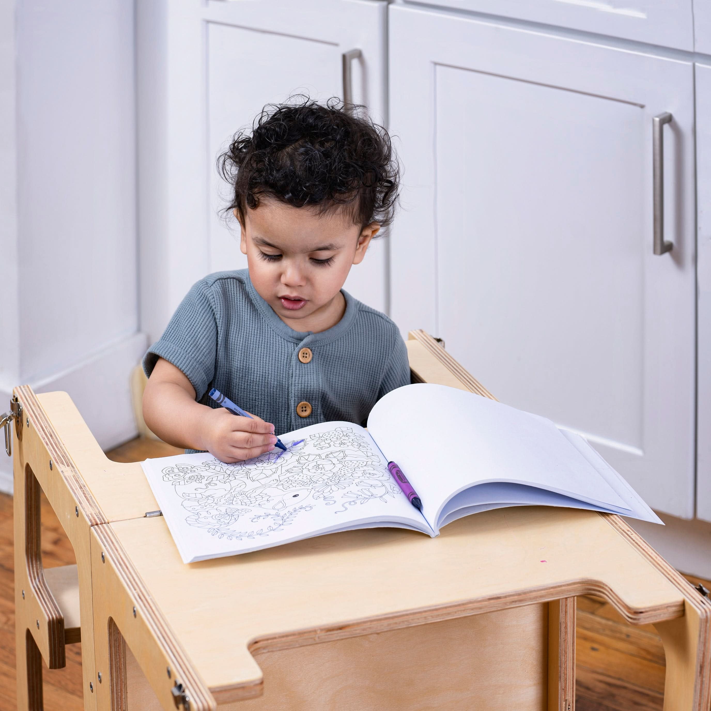 Avenlur Date 4-in-1 Foldable Kitchen Tower - Toddler Step Stool with Chalkboard, Desk Table and Chair - Waldorf and Montessori Kitchen Stool - Kitchen Stool Tower for Toddlers 18 Months to 6 Years