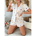 thumbnail image 3 of Women Heart Print 2 Piece Lounge Set Short Sleeve Lapel Tops with Shorts Pajamas Set Summer Sleepwear, 3 of 6
