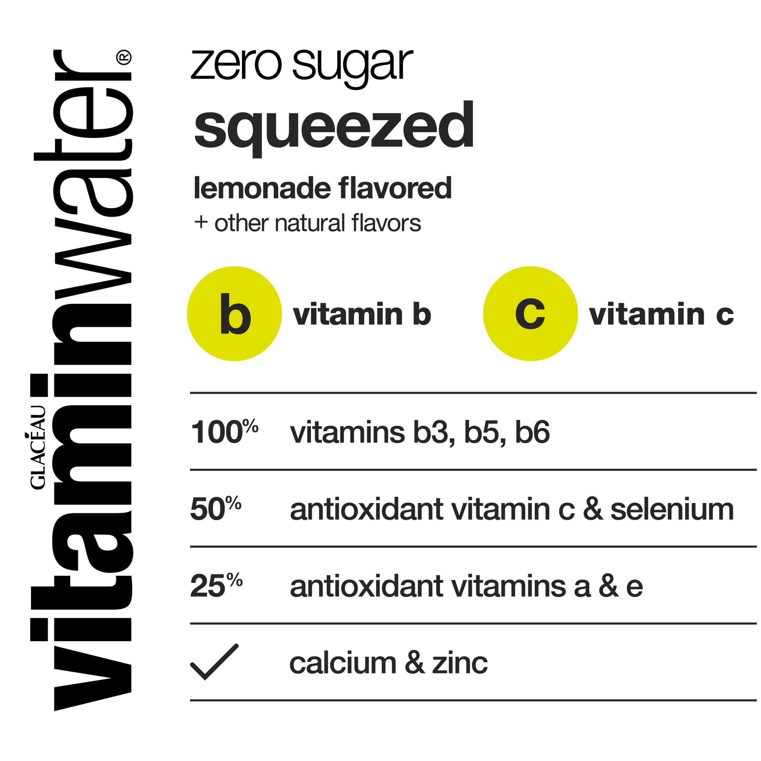 vitaminwater zero sugar squeezed electrolyte enhanced water, lemonade, 16.9  fl oz, 6 count bottles
