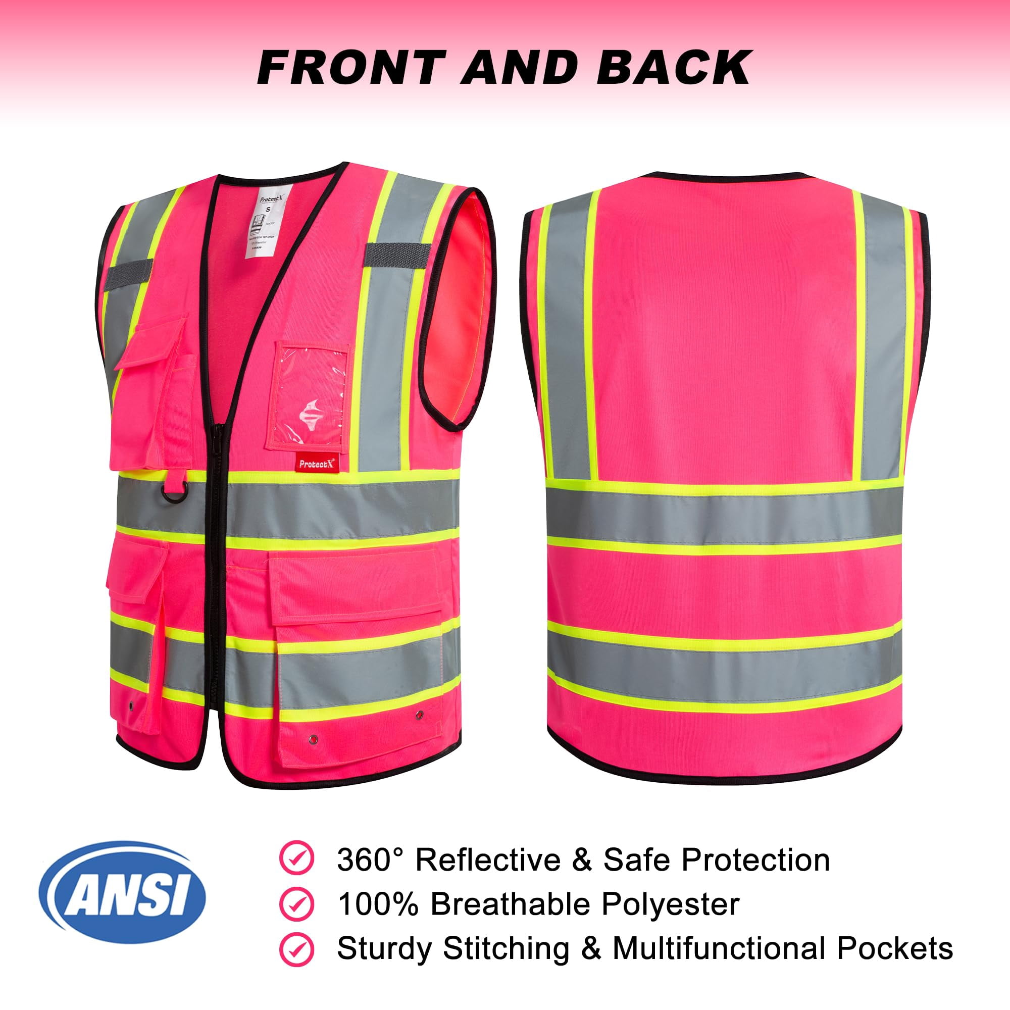 ProtectX Hi Vis Reflective Safety Vest for Men Women High Visibility Construction Work Vest with Pockets Zipper Class 2 Pink 3X-Large
