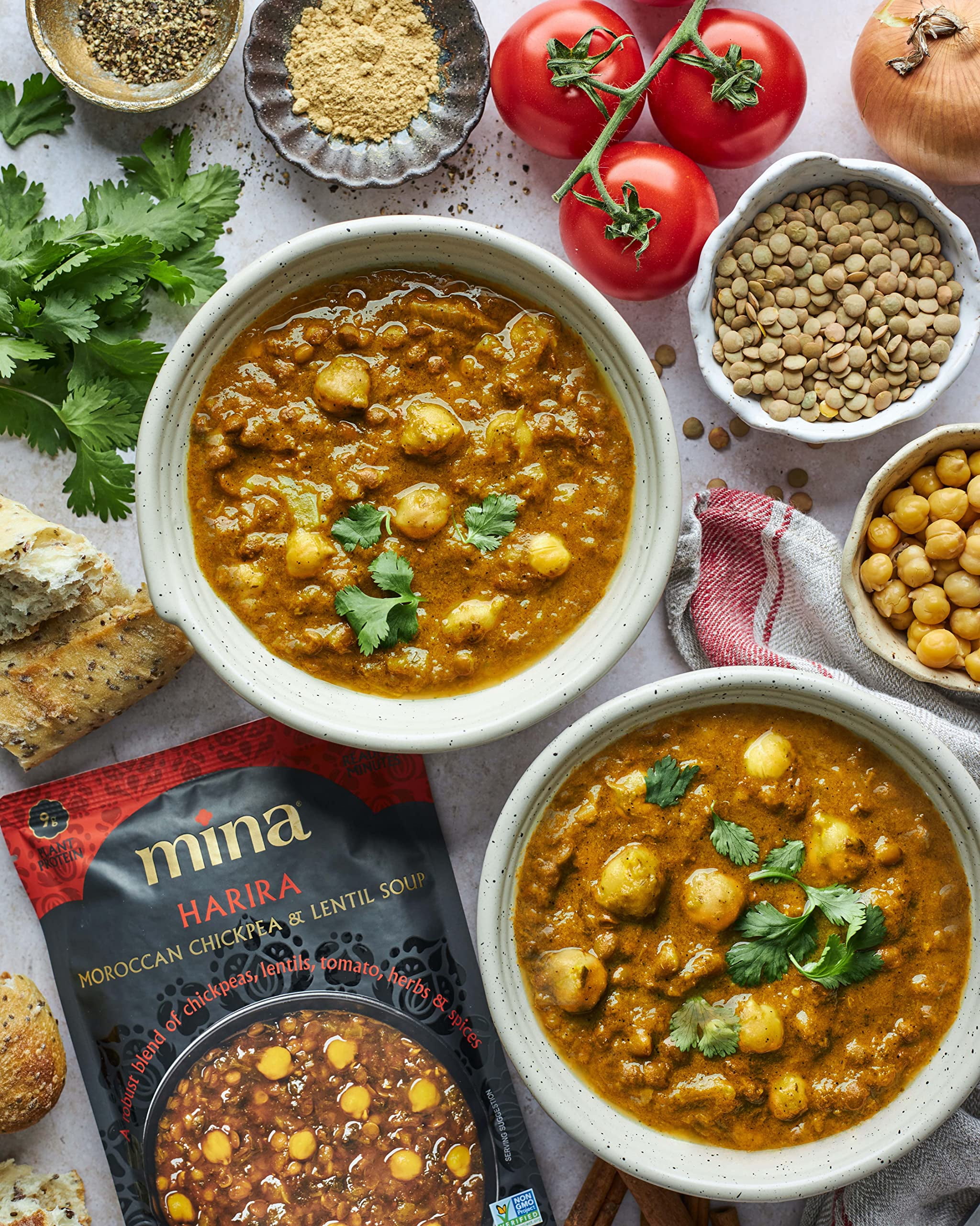 Mina Moroccan Lentils, Chickpeas, White Beans & Harira - Variety pack of 8 (10 oz), Lentils Ready to Eat, Gluten-Free Microwave Meals