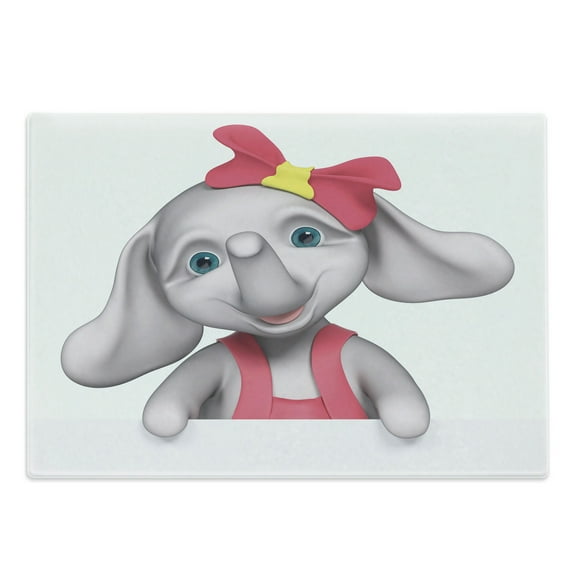 Animal Cartoon Cutting Board, Cheerful Girl Smiling 3D Style Happy Print, Decorative Tempered Glass Cutting and Serving Board, Large Size, Yellow Grey Pink, by Ambesonne