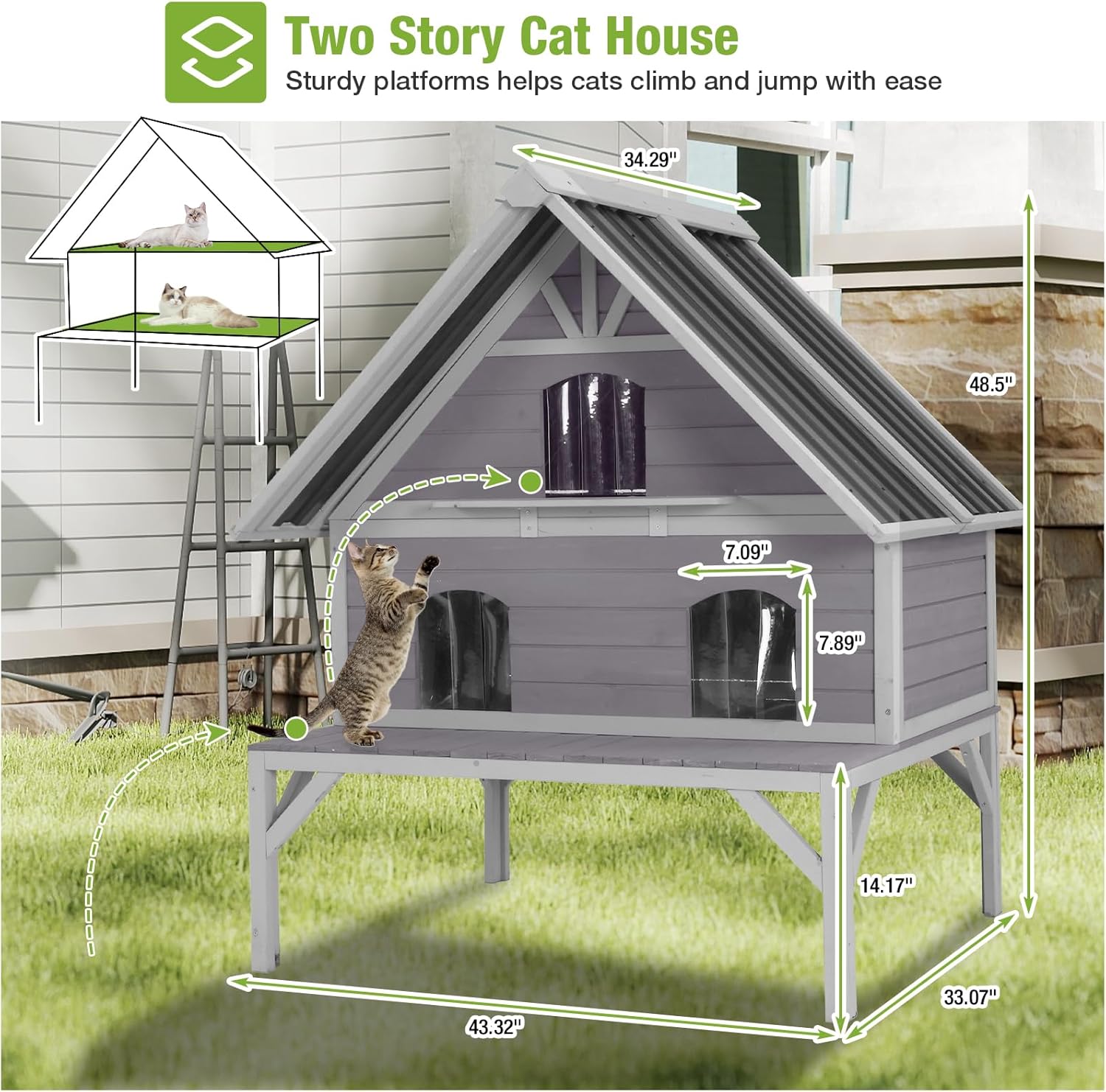 MEDEHOO Outdoor Cat House Weatherproof Feral Cat Shelter for Multiple Cats, 2-Story Independent Design with Escape-Friendly Doors and Spacious Porch