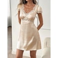 thumbnail image 5 of Apricot Satin Lace-Trimmed V-Neck Petal Sleeve A-Line Mini Dress With Cinched Waist, 5 of 8