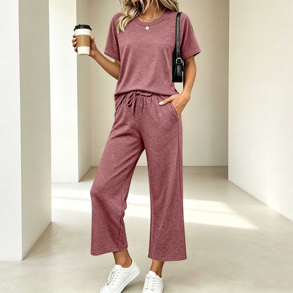 IUYRTFE Women's Crew Neck Short Sleeve Top and Elastic Waist Long Pants Set Casual Two Piece Lounge Outfit with Pockets