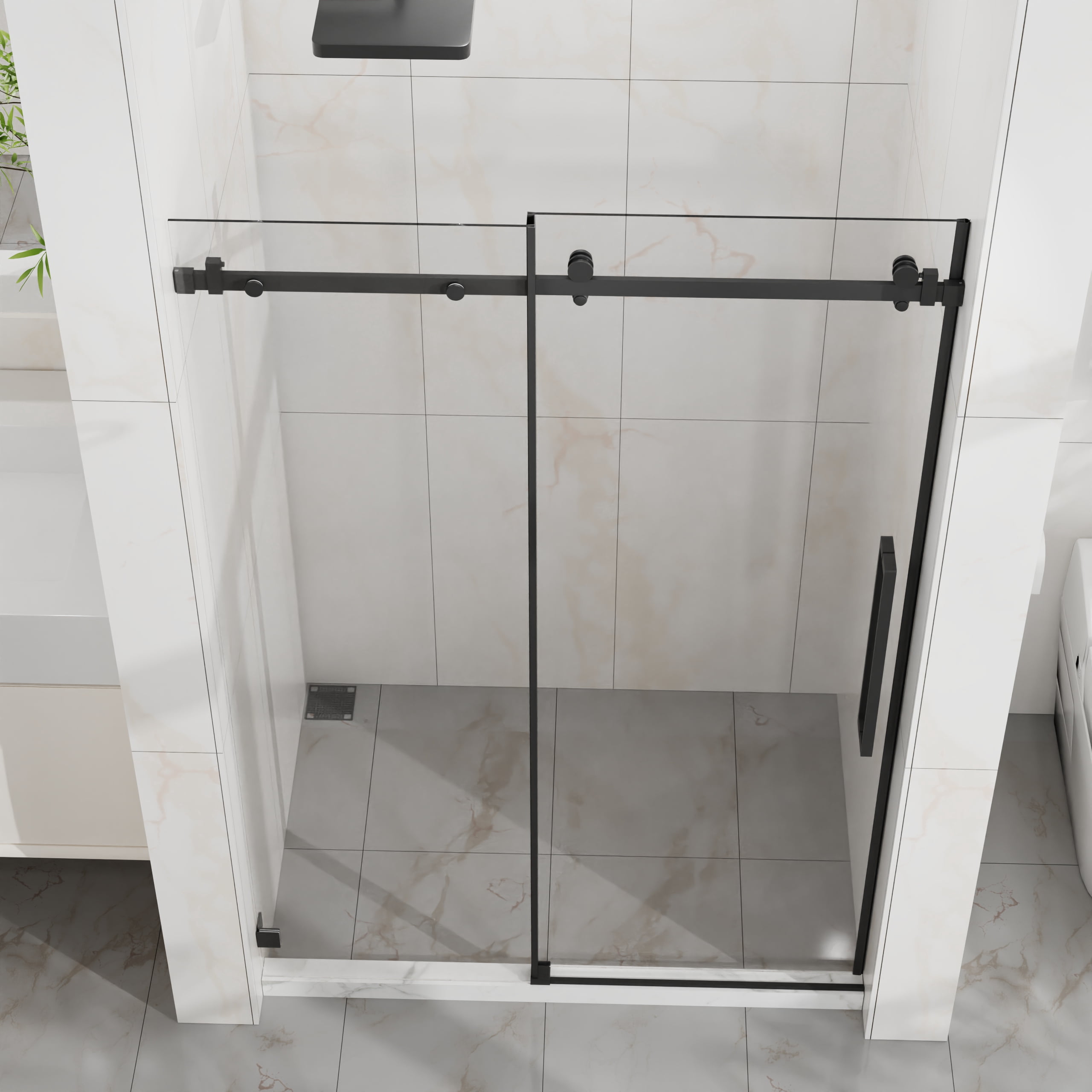 Frameless Shower Door, 48" W x 72" H Sleek Silent Sliding Glass Door, 1/4" (6mm) Thick Tempered Clear Glass with Easy-clean Coating, Heavy-Duty 304 Stainless Steel, Matte Black02