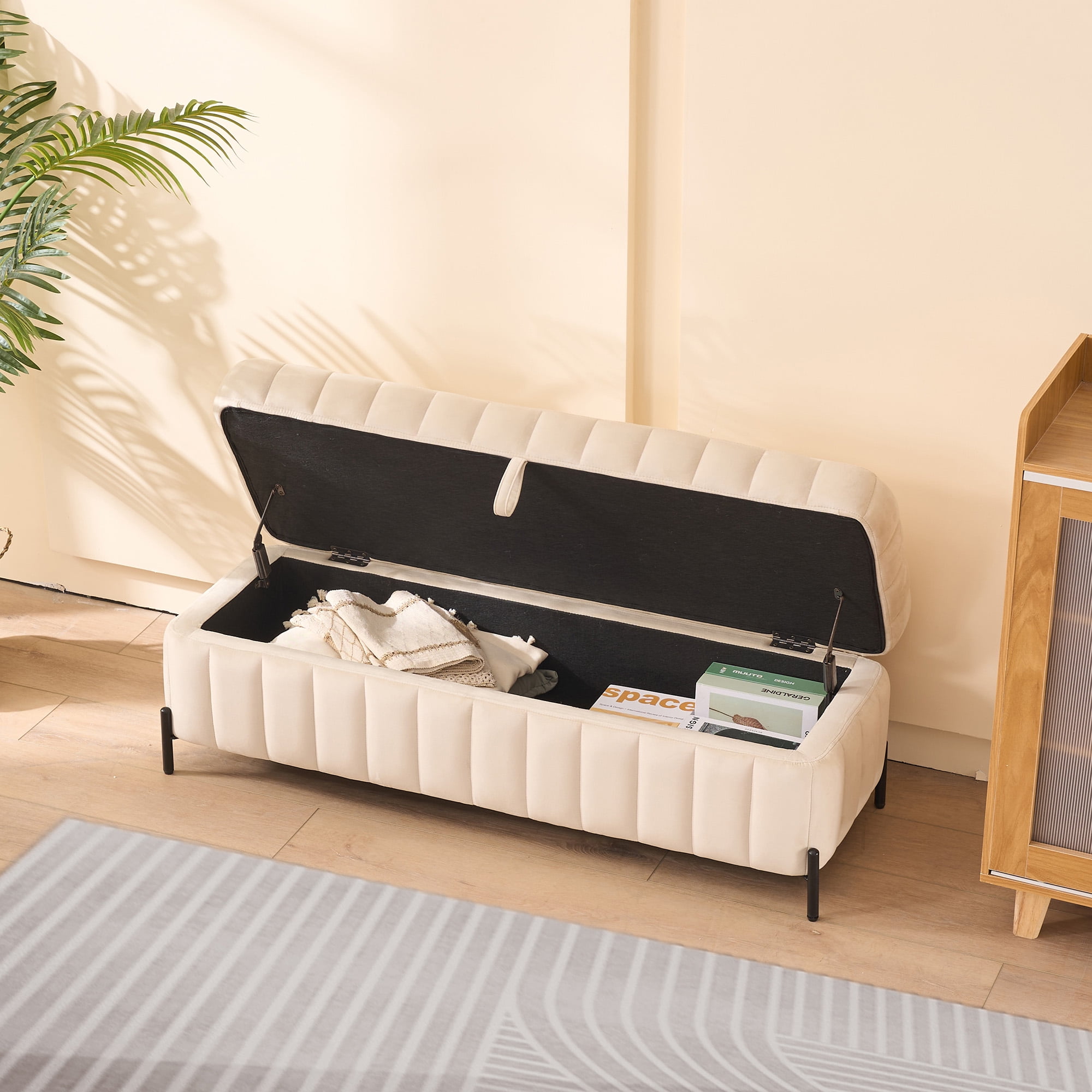 Storage Bench, Beige Velvet Upholstery with Hidden Compartment, 49.21 Inch Wide Soft Footstool Ottoman for Bed End, Living Room, Entryway, Black Metal Legs, 275 lb Capacity