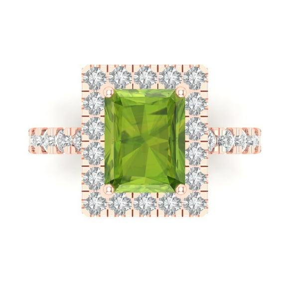 3.84ct emerald cut green natural peridot 14k pink rose gold engraving statement bridal wedding halo Designer Ring size 7.5