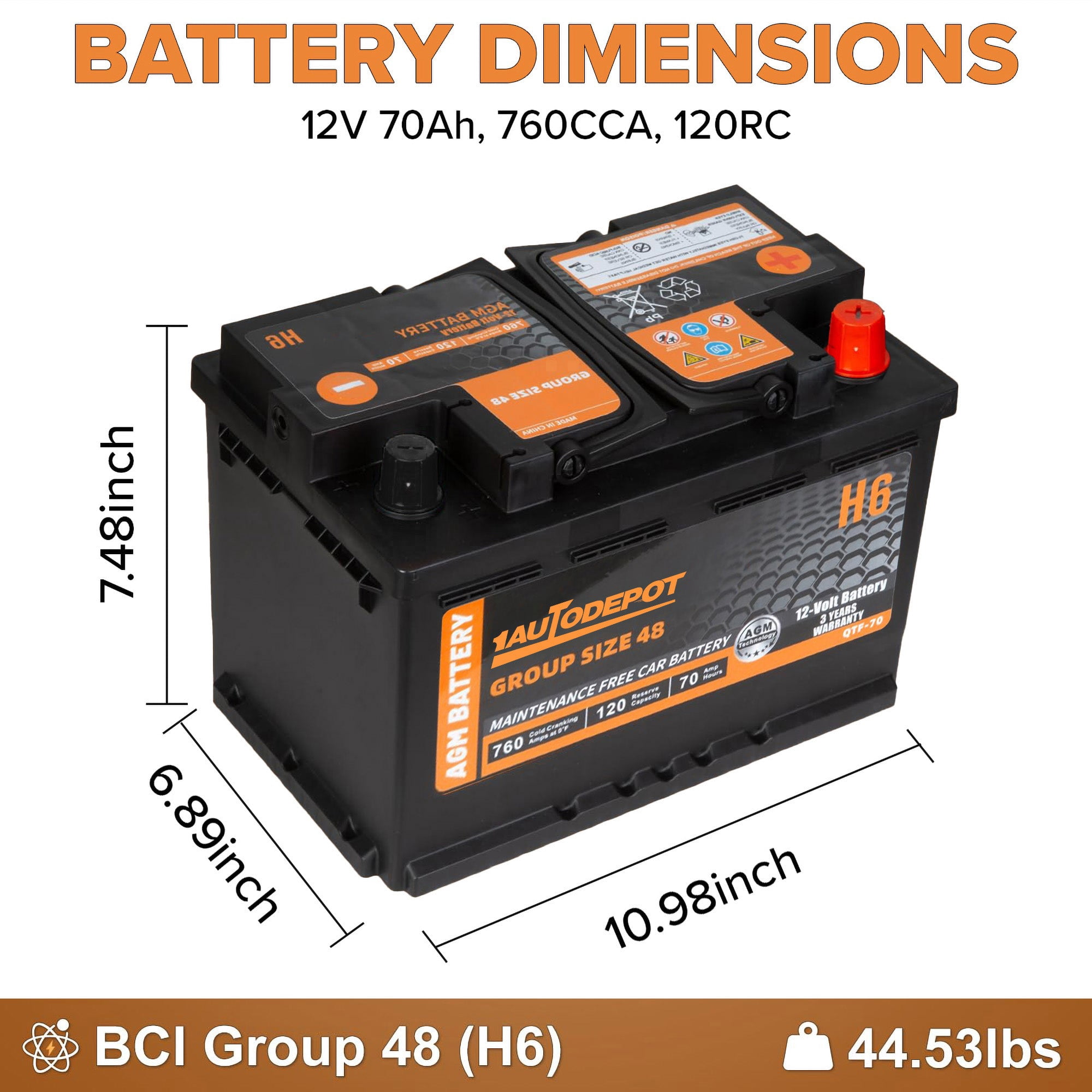 1AUTODEPOT BCI Group 48 Battery, AGM 12 Volt Rechargeable Automotive Batteries for Car, H6 760CCA 70Ah 120RC, Maintenance Free