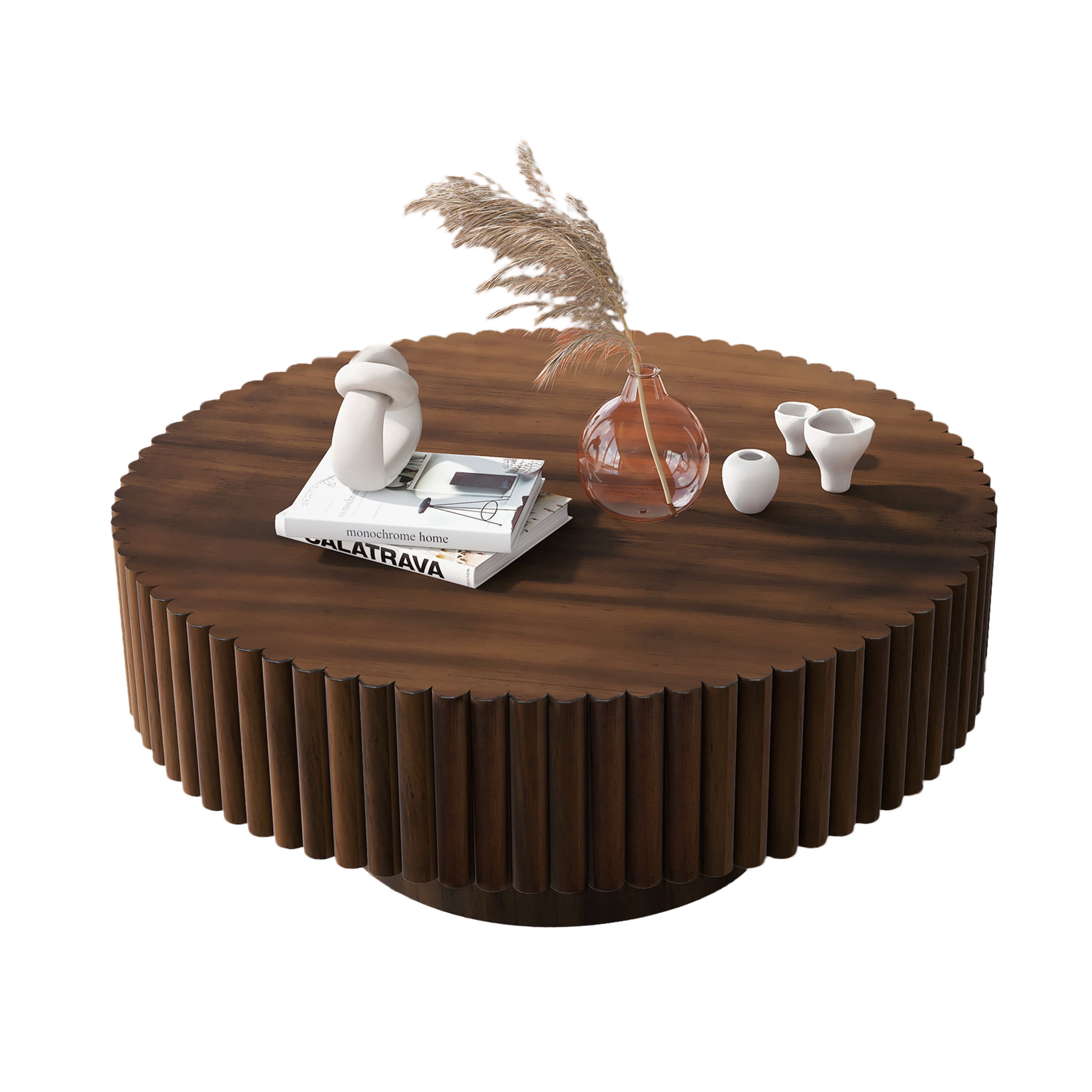 Noble House 31.5" Round Fluted Drum Coffee Table, Solid Wood Modern Center Table for Living Room, Walnut