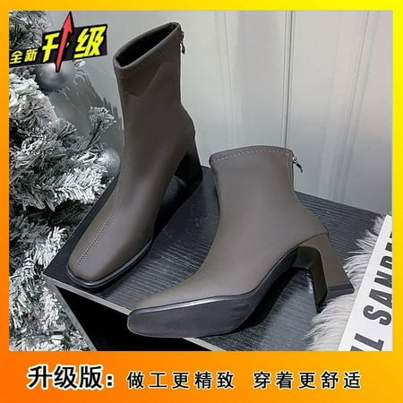 

High Heels Skinny Boots Women s Fall 2024 New Boots Zipper plus Size Square Toe Chunky Heel Martin Boots Short Boots Women
