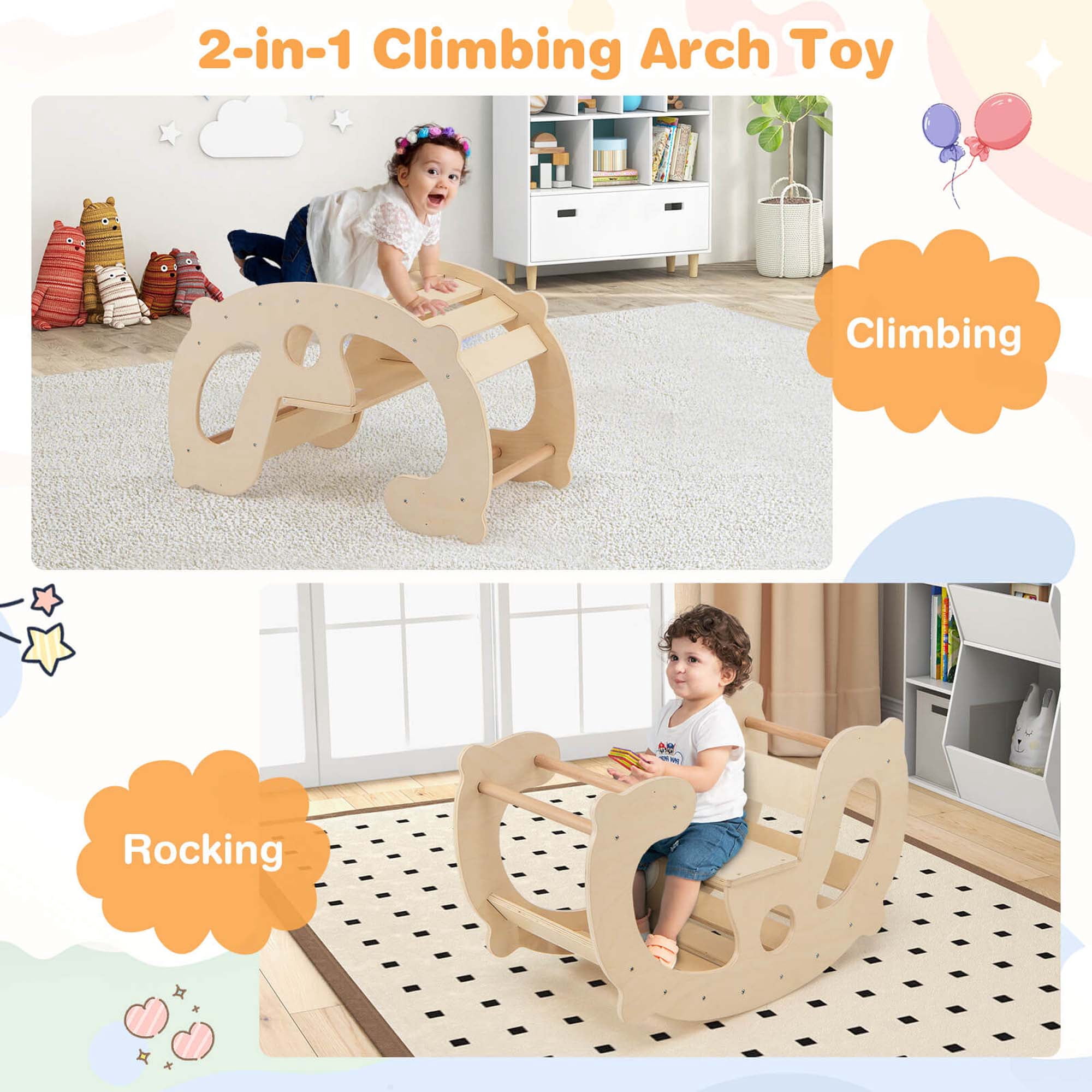 Costway 2-in-1 Rocking Horse Arch for Kids with Rocker Arch Climber Comfortable Backrest Natural